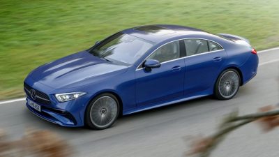 The 2022 Mercedes-Benz CLS in blue, seen from an overhead angle