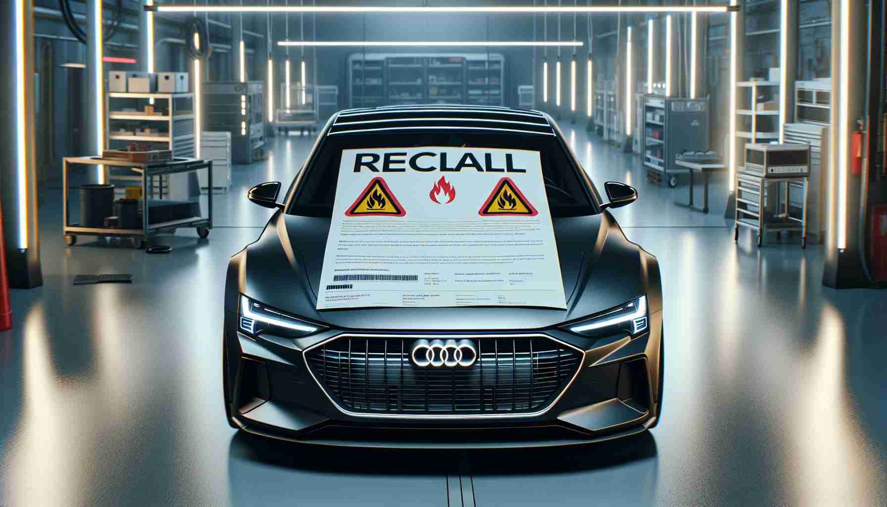 A high-resolution, realistic image of an Audi E-Tron GT model. The scene depicts the car parked with a recall notice clearly visible on the windshield, and a symbol indicating fire hazard. The setting is sleek and modern, emphasizing the contrast between the luxury of the vehicle and the serious nature of the recall. The environment around the car is a sanitized garage, which bristles with high-tech equipment.