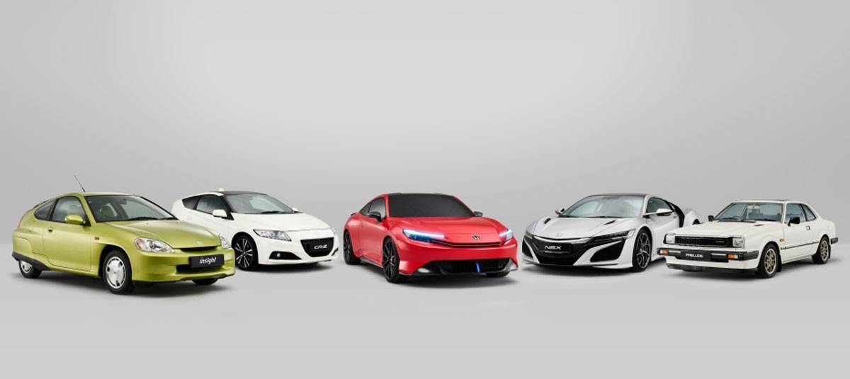 Honda marks 25 years of hybrid success (from left) the Insight, CRZ, Prelude Concept, NSX, and first-generation Prelude.